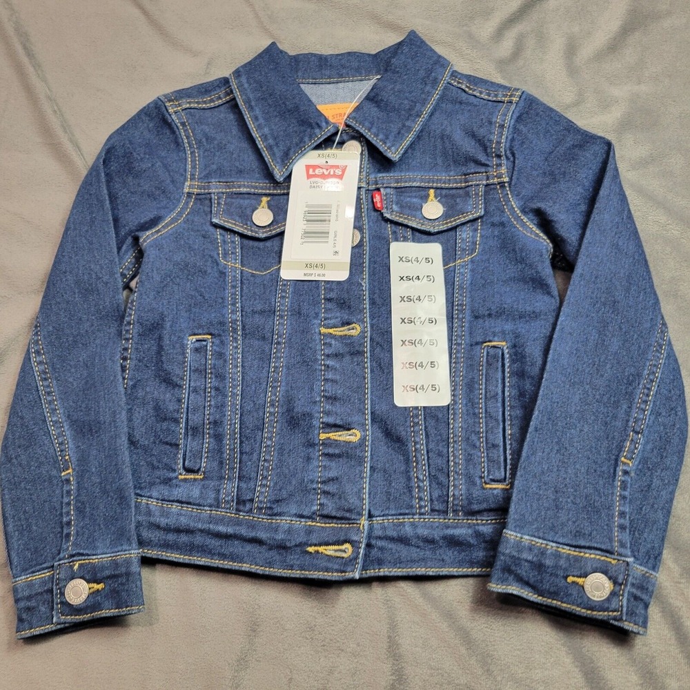 Levis Jean Jacket Girls 4/5 Blue Buttons Flap Pockets Collared Stretch Denim New